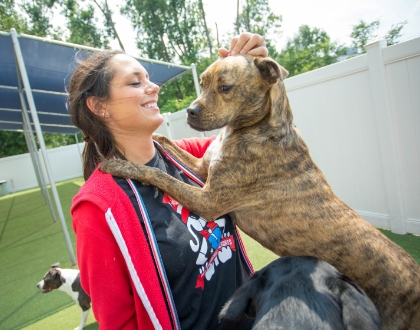 A woman plays with a dog outside